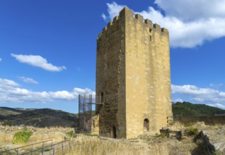 Castle tower in medieval village of Uncastillo, Cinco Villas, Zaragoza province, Aragon, Spain
