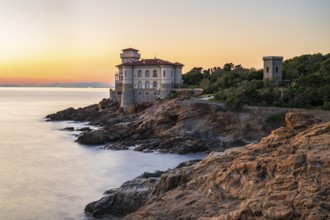 Castello del Boccale in the evening, castle on the coast, Livorno, Tuscany, Italy