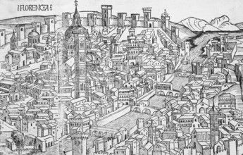 Old town of Florence or Florencia with river Arno, Florence Cathedral or Duomo di Firenze, detail