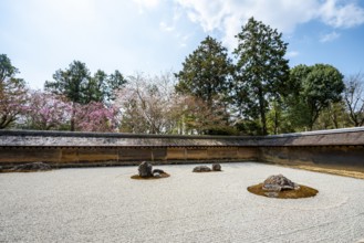 Kare-san-sui Japanese rock garden, Hojo Teien in Ryoan-ji, Zen Buddhist temple complex, in spring,
