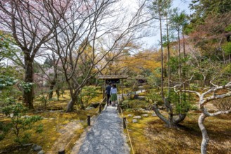 Visitors on a path in the Japanese garden of Ryoan-ji Temple, Zen Buddhist temple complex, in