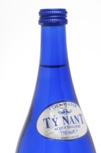 Mineral water, Ty Nant, in blue designer bottle, water from Wales, is considered one of the best