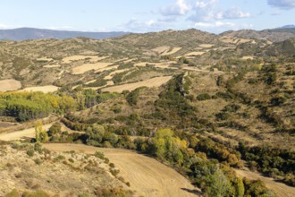 Countryside landscape view east to the Pyrenees Mountains, Sos del Rey Catolico, Cinco Villas