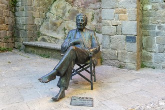 Bronze sculpture Luis Garcia Berlanga (1921-2010) film director, Sos del Rey Catolico, Aragon,