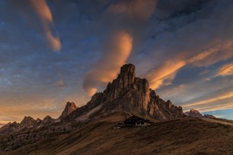 Dawn, clouds, sunrise, mountains, autumn, mountain hut, Giau Pass, Dolomites, Italy