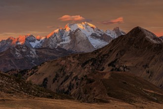 Dawn, clouds, morning mood, mountains, autumn, view of Marmolada, Giau Pass, Dolomites, Italy