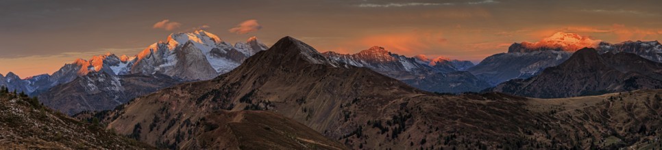 Dawn, clouds, morning mood, mountains, autumn, panorama, view of Marmolada, Giau Pass, Dolomites,