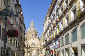 View of Basilica of Our Lady of the Pillar cathedral church from Calle de Alfonso I, Zaragoza,