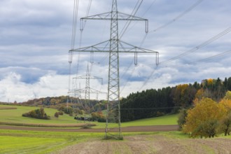 Power poles in a field with autumn trees and cloudy sky, Swabian Jura, Baden-Württemberg, Germany