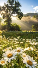 A sunlit meadow with daisies against a forest backdrop under a blue sky, Late summer country