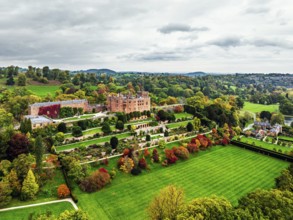 Autumn colours over Powis Castle and Garden from drone, Welshpool, Powys, Wales, England, United