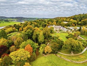 Autumn colours over Bodnant House and Garden from a drone, Conwy River, Colwyn Bay, Conwy, Wales,