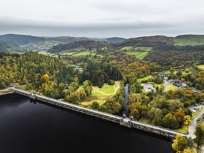 Llyn Brianne Dam and Reservoir from a drone, Lake Vyrnwy, Powys, Wales, England, United Kingdom