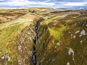 Cwm Cynfal Waterfalls on River Afon Cynfal from a drone, Llan Ffestiniog, Road B4391, Gwynedd,