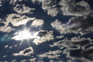 Dramatic cloudy sky with sunbeams, Upper Austria, Austria