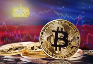 Bitcoin with Liechtenstein flag in the background. Investors in cryptocurrency and Blockchain