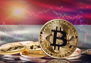 Bitcoin with Indonesian flag in the background. Investors in cryptocurrency and Blockchain