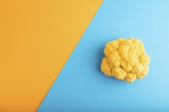 Yellow Cauliflower on blue and orange pastel paper background. Top view, flat lay, copy space.