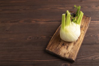 Fresh Fennel bulb on wooden cutting board on brown wooden background, side view, copy space,