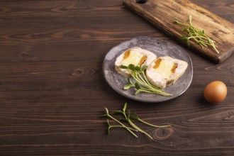 Chicken, egg and dried apricot meatloaf, microgreen on brown wooden. Diet, healthy eating. side