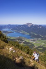 Hikers at the Iron Ladder on the way to Rettenkogel with Wolfgangsee, Postalm, Osterhorn Group,