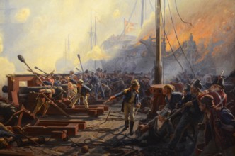 Medieval Danish naval battle where officer Peter Willemoes drives the men into a damaged cannon
