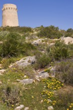Nature reserve, national park, old watchtower Torre del Cap d'Or, Moraira, on Playa del Portet,