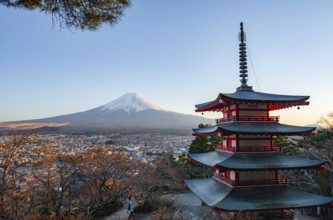 Five-story pagoda of a Shinto Shrine, Chureito Pagoda, with views of Fujiyoshida City and Mount