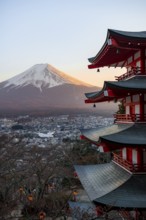 Five-story pagoda of a Shinto Shrine, Chureito Pagoda, with views of Fujiyoshida City and Mount