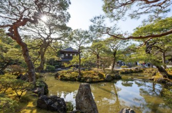 Artfully designed Japanese garden with pond and silver pavilion ginkaku, sun star, jisho-ji or