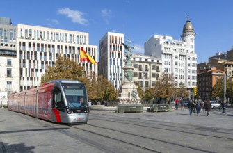 Light rail tram city public transport system CAF Urbos 3 trams, Tranvía de Zaragoza, Plaza de