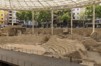 Covered ruins of Roman theatre amphitheatre, Zaragoza, Aragon, Spain