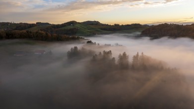 Aerial view, sunrise, typical landscape in autumn with vineyards, South Styrian hills, South