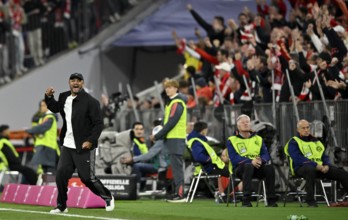 Goal cheers coach Vincent Kompany FC Bayern Munich FCB Allianz Arena, Munich, Bayern, Germany