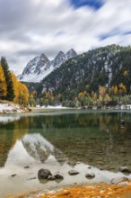 Lake Palpougna, mountain lake, Piz da la Plais, Tschimels, mixed forest with larches (Larix) in