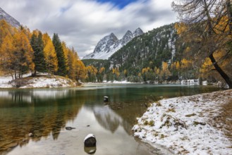 Lake Palpougna, mountain lake, Piz da la Plais, Tschimels, mixed forest with larches (Larix) in