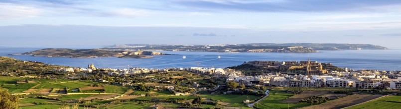Panoramic view of three islands in the Mediterranean from the state of Malta in front island of