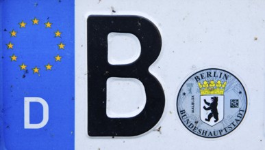 Car number plate with the letter B for Berlin, Federal Capital, Germany