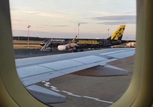 View from an airplane of the runway with the Borussia Dortmund crew airbus, airport, Düsseldorf,
