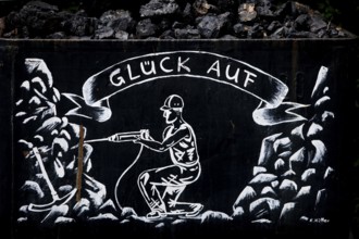 Painted coal cart with Bergmanngruß Glück Auf, Recklinghausen training mine, Ruhr area, North