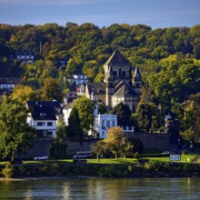 Catholic church of St. Peter and Paul in Remagen with the river Rhine at kilometer 634,