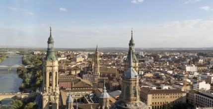 Rooftops of cathedral church Basilica of Our Lady of the Pillar, city centre of Zaragoza, Aragon,