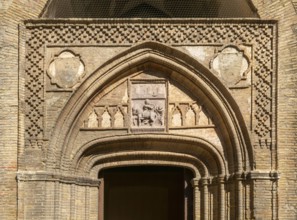 Stonework design historic arched door, Aljafería Palace, Zaragoza, Aragon, Spain, Europe - doorway