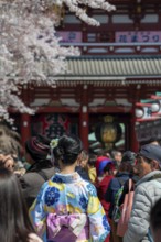 Young Japanese woman wearing kimono surrounded by numerous visitors on Nakamise-dori shopping