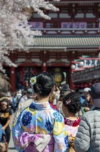 Two young Japanese woman wearing kimono surrounded by numerous visitors on Nakamise-dori shopping