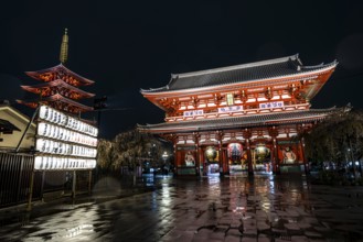 Illuminated five-story pagoda and Hozomon treasure chamber gate of Asakusa Shrine or Senso-ji