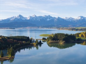 Extensive nature with mountains, a quiet lake and autumn colors, Illasbergsee, Forggensee, near