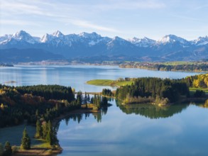 Natural scenery with snow-covered mountains, a lake and autumn leaves, Illasbergsee, Forggensee,