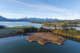 View of a lake with autumn leaves and mountains in the background under a clear sky, Illasbergsee,