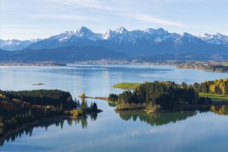 Nature picture with mountains, a quiet lake and clear reflections, Illasbergsee, Forggensee, near